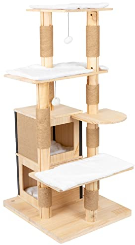 VOSS.pet Kratzbaum Jack 136cm - Premium Kiefer Massivholz Katzenkratzbaum mit Plattformen, Höhlen und Spielbällen