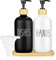 JTOOYS Soap Dispenser, 2Pcs Hand and Dish Dispenser Set with Wooden Base 500ML Refillable Glass Empty Bottle Container Bamboo Pump Reusable Detergent for Kitchen, Sink & Bath - Black White, 21X 7CM