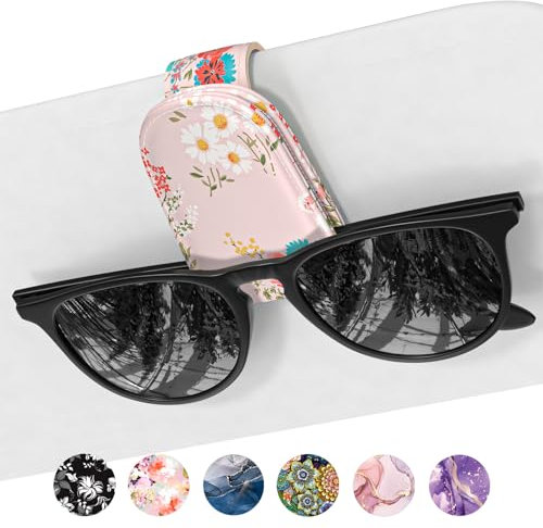 NPOOYI Sunglasses Holder for Car Visor, Magnetic Leather Sunglass Holder, Sun Visor Glasses Hanger Clip, Car Interior Accessories for Women Men, Fits Eyeglasses, Pink Flower