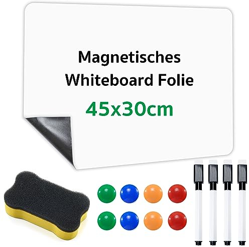 Magnetisches Whiteboard Folie 45x30 cm mit 8 Magnete Schwamm & 4 Stift & 1 Whiteboard Schwamm Magnetisch, Abwischbare DIY Magnetisches Whiteboard, Trocken Weißtafel, agnetfolie Selbstklebend Weiß