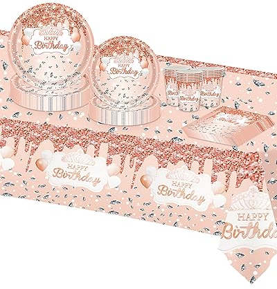 TOPWAYS Happy Birthday Decorations Party Tableware Set, Rose Gold Glitter Diamond Disposable Paper Party Napkins Plates Cups Tablecloth for Girl Women Birthday Party Decorations (16 Guests Set)