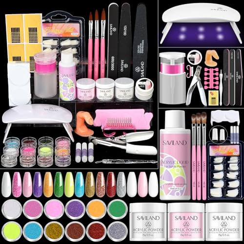 Saviland Acrylic Nail Kit for Beginners: Keratin Acrylic Powder Castor Oil Vitamin E Pure EMA Monomer Liquid Brush Clippers Nail Lamp Complete Tools Everything 100 Nail Tips Practice Home Starters