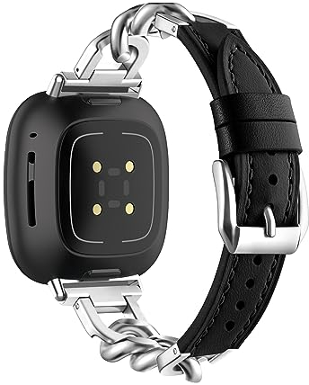 Lederarmband Mit Metall Ketten für Fitbit Versa 4/Versa 3/Sense/Sense 2 Armband Damen Fitbit Versa 4/3 Edelstahl Ersatzarmband Kompatibel mit Fitbit Versa 4/Versa 3/Sense/Sense 2 Uhrenarmband (2)