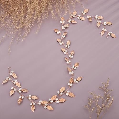BERYUAN Pearls Leaves Wedding Hair Vine Rose Gold Leaf Bride Headpiece Women Girls Wedding Hair Accessories Pearls Wedding Hairpiece for Brides Bridesmaid Girls (rose gold)