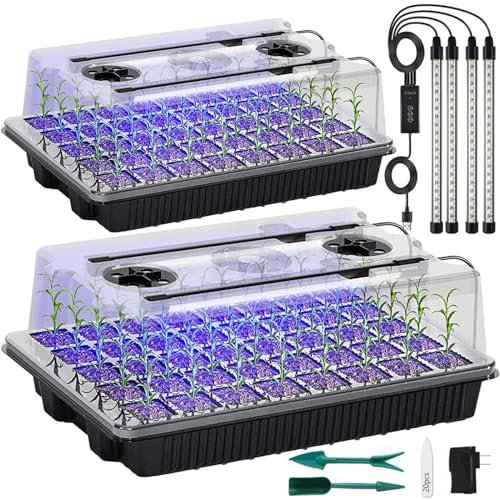 SZSJA Seed Starter Tray with Grow Light, 2 Packs 80 Cells Seed Starting Kit, Reusable Seedling Starter Trays with Humidity Dome, Plant Germination Trays for Indoor Seed Starter Kit, Black