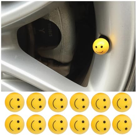 JNNJ 12 Stück Autoreifen-Ventilkappen, Gelbe Smiley Reifen Radventilkappen Staubkappen, Kunststoff Reifen Rad Ventilkappen Staubkappen Mit Dichtungsring, Pour SUV, Auto