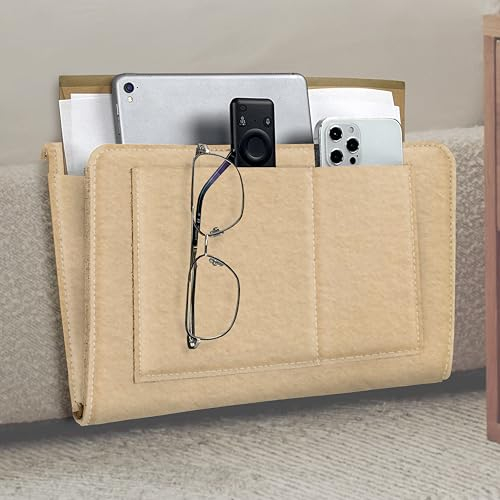 HomeGadget Filz Organizer Tasche zum einhängen [ für Sofa & Bett ] - mit 5 Fächern für jede Art von Zubehör wie Zeitung | Brillen | Smartphone - Creme