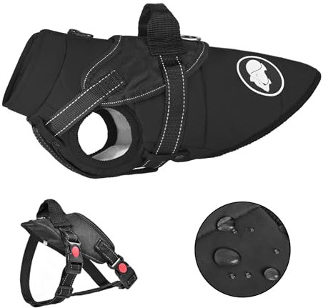 wasserdichte Hundemantel mit Abnehmbarem Geschirr, Winter Warme Hundejacke für Kleine und Mittlere Große Hunde, Reflektierende Winterhundkleidung für Teddy Chihuahua Bulldogge Labrador