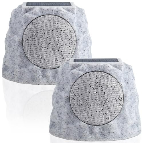 NiceBuy Solar Rock Speakers Outdoor Water-Resistant 2-Pack Solar Powered Rock Speaker with Lights RGB and TWS Pair for Patio Outside Garden BBQ Deck