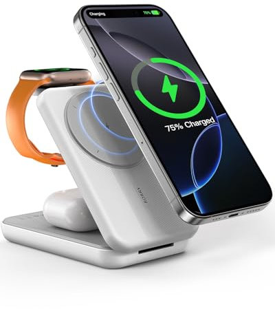 RORRY 3 in 1 Wireless Charging Station, 10000mAh Portable Powerbank for Magsafe iPhone 16/15/14/13/12, Magnetic Foldable Charger Stand for Apple Watch AirPods, PD 20W USB-C Power Bank for Samsung