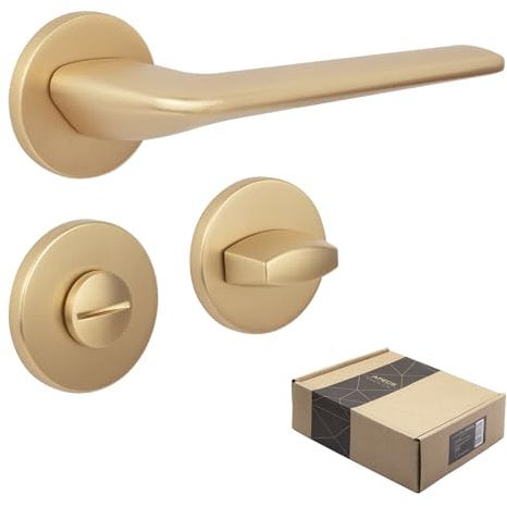APECS Türgriffe innentüren Modern Türklinke für Haustür und Innentür mit quadratisch Rosetten Türgriff gold matt Drückergarnitur mit Befestigungsmaterial Türbeschlag Modell CAPELLA WC - Badezimmer
