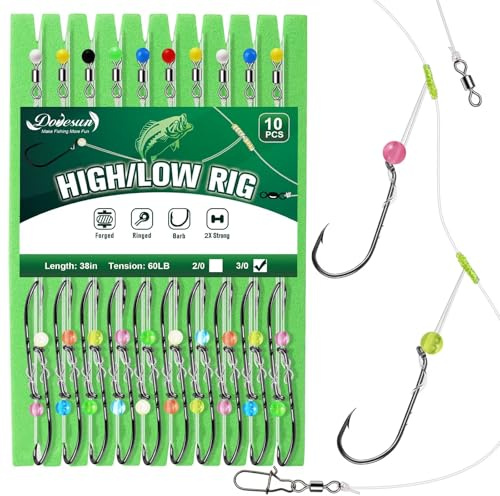 Dovesun High Low Rigs Angeln Salzwasser 27kg vorgebundene Hi/Lo Angelrigs Starke Einzigartige T-Knoten Surf Fishing Rigs für Flunder, Steinbeißer, Meerbrasse, Schnapper mit 3/0 Haken 10 Stück