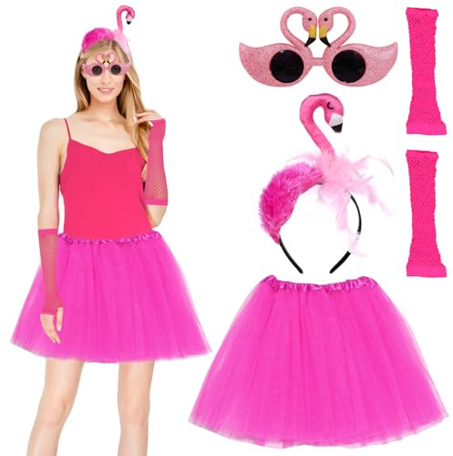 ARONRAVE Flamingo Kostüm Damen, Karneval Kostüm Damen Flamingo Haarreif Flamingo Accessoire Tutu Rock, Gläser, Handschuh für Party Kostüm Erwachsene Fasching