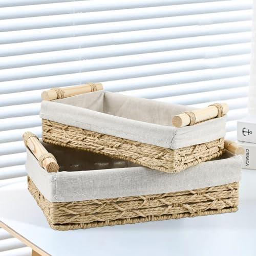 YBCCBY Lot de 2 Paniers Rangement Osier Rectangulaire, Corbeille à Pain Tressée Panier Tressé avec Doublure en Lin Panier à Pain Panier Tressé en Osier Bohème pour Salon, Salle de Bain, Cuisine