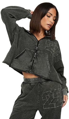 PixieGirl Petite Grey Acid Wash Cotton Cropped Hoodie Petite