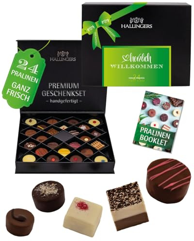 Hallingers Genuss Manufaktur Pralinen Glückwunsch-Geschenk - ohne Alkohol, handmade aus Confiserie-Edelkakao in wertiger FirstClass-Geschenkbox Herzlich Willko..., Geschenkidee für Frauen Männer