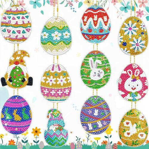 Diamond Painting Ostern Ostereier Schlüsselanhänger,12 Stück Diamond Painting Kinder Anhänger Set Deko Frühling,5D Diamant Malerei Frühjahr DIY Basteln Osterdekoration (Ostern Frühling Dekorationen)