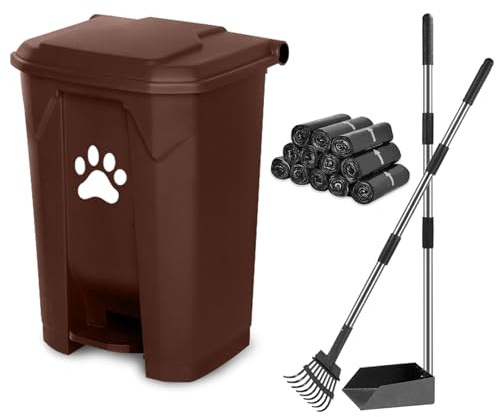 B-15-BR-RB180-CZ Poubelle à déjections canines pour extérieur avec couvercle et pédale mains libres en PVC durable avec bac à déjections canines et râteau 180 sacs poubelle noirs, marron