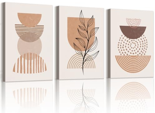 WENGTIAO 3 Pezzi Stampa su Tela Boho Astratto Geometrico Con Cornice Quadro su Tela Beige e Marrone Minimalista Piante Pittura Quadro Moderno Soggiorno Camera da Letto Decorazioni Parete 40x60cmx3