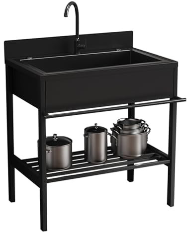 Fregadero Exterior Jardin, Mueble pila Lavadero, Fregaderos de Cocina 1 Senos de Acero Inoxidable, Fregadero Negro con Grifo y Escurridor, Limpieza Fácil, para Baño, Restaurante, Lavandería(66x51x94cm