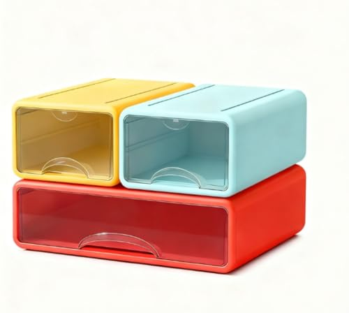 ZEONHEI 3 Stück Schreibtisch Organizer Schubladenbox Kunststoff, Stapelbare Aufbewahrungsbox mit Schubladen, Buntes Büro Organizer mit Schubladen für Schreibwaren, Papier, Büroartikel, Gelb/Blau/Rot