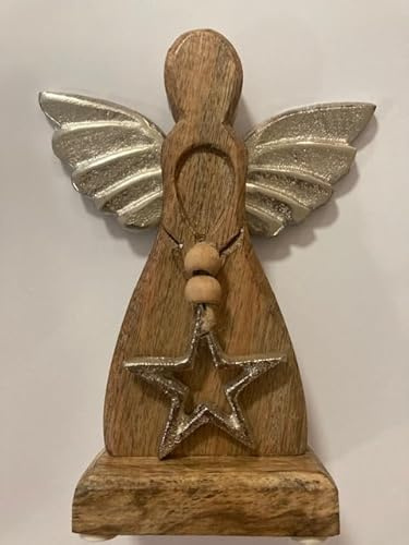 formano Weihnachtsengel Engel Weihnachtsschmuck Figur Deko-Engel 22x11cm aus masssivem Holz mit Stern und Metall-Flügeln, Lieferumfang 1 Stück
