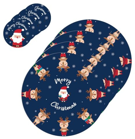 YöL Pack of 4 Santa + Reindeer Coasters & Placemats - Kids Christmas Dinner Xmas Holiday Party Table Decorations Food Roast Drink Breakfast Lunch Afternoon Tea - Red Blue