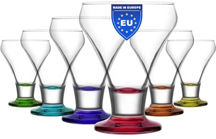 vienberg Frosty Dessert Glasses Colourful Set of 6 | 305 ml | Egg Cups & Cocktail Glasses with Coloured Base | Stylish Long Drink Glasses for Ice Cream, Puddings & Cocktails