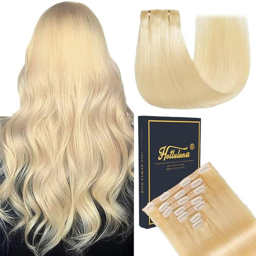 HotLulana Clip in Extensions Echthaar 7pcs 60cm 120g Blond Invisible Remy Natürliche Skin Weft Echthaar Extensions(24Zoll,613#)
