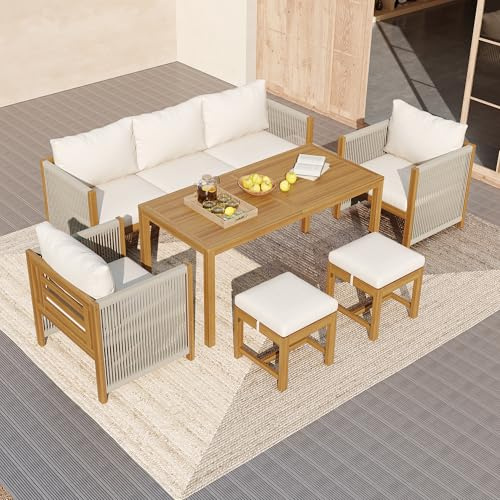 Merax 6-teiliges Gartenmöbel Set mit 3er Sofa, 2 Loungesesseln, 2 Hockern & Esstisch, Akazienholz Tischplatte, Massivholzrahmen, PE Seilgeflecht, 7 Personen Outdoor Essgruppe Lounge Set, Beige