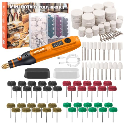 Uolor 145PCS Cordless Polishing Buffing Wheels Kit, Polishing Tool Kit with 100 Wool Buffing Wheels, 40 Abrasive Pads, 5 Variable Speeds 5000-20000RPM, USB-C Rechargeable Rotary Polisher