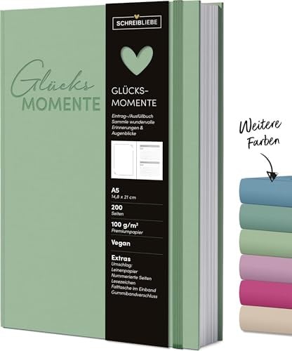 Glücksmomente Mint: Notizbuch A5, liniert, Ausfüllbuch mit Lesebändchen, Zetteltasche und Gummiband, 200 Seiten - SchreibLiebe