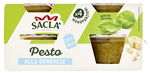 Saclà, Pesto alla Genovese 4xME, Senza Aglio, Condimento per Pasta e per Arricchire i Tuoi Piatti, con Basilico Italiano, 4 Monoporzioni da 45g, 180g