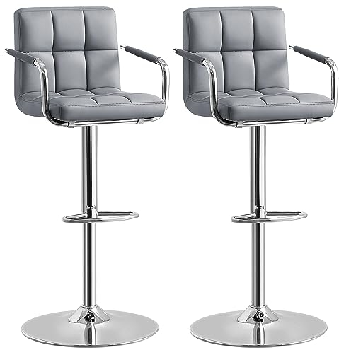 SONGMICS Bar Stools Set of 2, Height Adjustable Bar Chairs in Synthetic Leather, 360° Swivel Kitchen Stool with Backrest and Footrest, Grey LJB93GUK