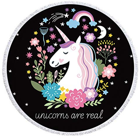 Sticker Superb Rundes Strandtuch Junge Mädchen,60 Zoll,Rainbow Star Galaxy Unicorn Tier Decke Werfen Überwürfe, Picknick-Decken Strand Reisen Sommer Schal (Blumen Einhorn)