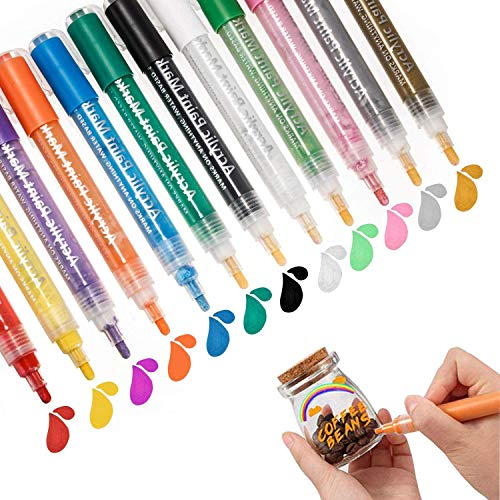SMBOX Glass Paint Pens, 3mm Acrylic Markers, DIY Craft Paint Pens 12 Colors for Rock Painting, Fabric, Ceramic, Wood, Canvas, Metal, Scrapbooking