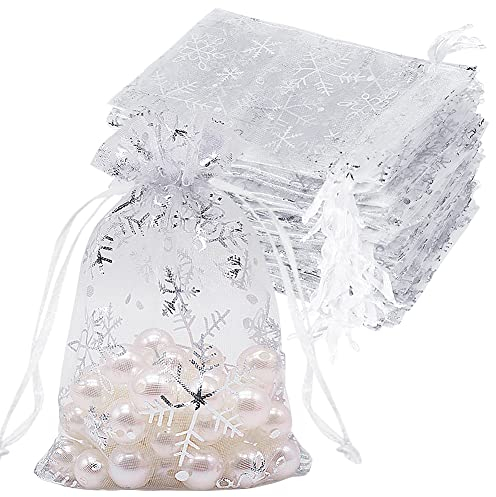 HRX Package Organzasäckchen Weihnachten zum Befüllen, 100 Stück 10x15 Weiß Schmucksäckchen Organzabeutel Geschenksäckchen mit Zugband (Schneeflocken)