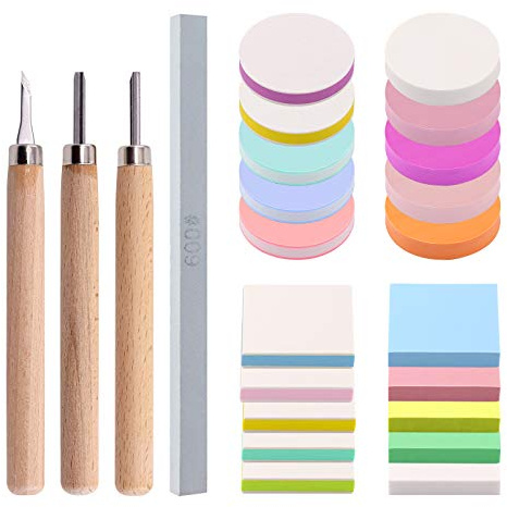 Swpeet 22Pcs 50mm Flat Round and Square Rubber Stamp Carving Blocks with 3Pcs Carving Knife Tools and Knife Polish Stone Kit, Double-Sided Removable Printing Carving Block for Scrapbooking Postcards