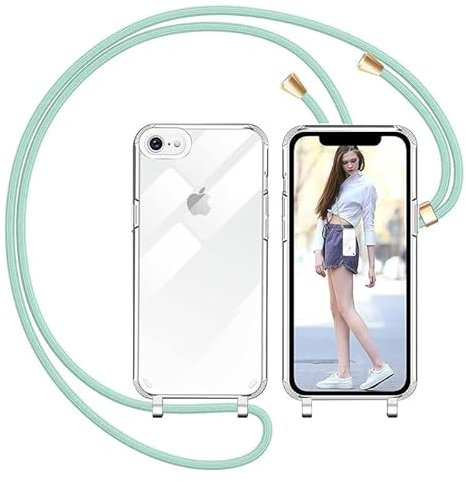 Nupcknn Handykette für iPhone 8/SE 2020/7 Hülle mit Band,Transparent Handyhülle (Abnehmbar Einstellbar) Necklace mit Kordel zum Umhängen Kameraschutz Handy Kette Stossfest Schutzhülle(1.6M,Grün)