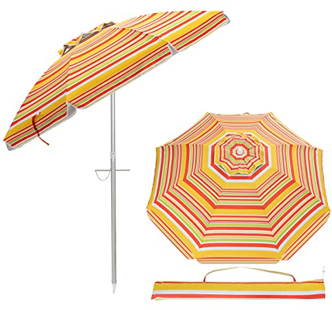 RELAX4LIFE Sombrilla de Playa Inclinable Φ198cm con Protección Solar UPF 50+ y Bolsa de Transporte, Sombrilla de Aluminio con Montaje en Suelo para Jardín, Terraza y Playa, Sin Base (Amarillo)