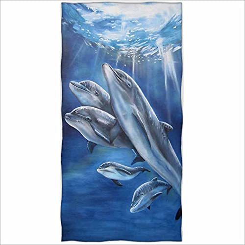 Zomer Badetuch Mikrofaser Strandtuch Bedruckt mit Delfin Gruppe,Blau,70x140 cm