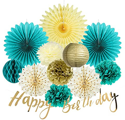 SUNBEAUTY Paper Fans Decorations Teal Blue Paper Pom Poms Gold Happy Birthday Banner for Birthday Baby Shower Party Paper Hanging Decorations