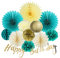SUNBEAUTY Paper Fans Decorations Teal Blue Paper Pom Poms Gold Happy Birthday Banner for Birthday Baby Shower Party Paper Hanging Decorations