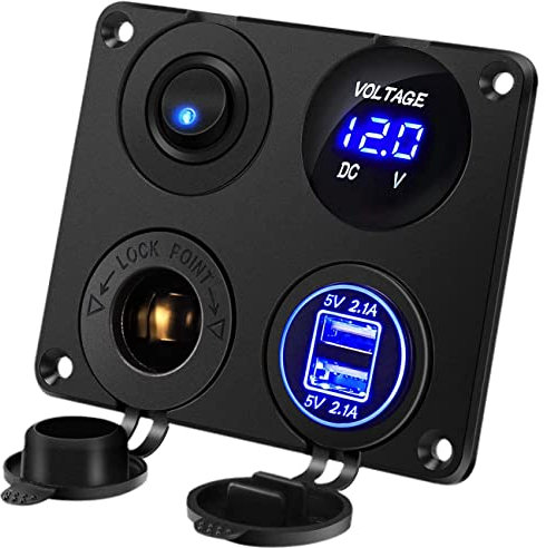 AUTOZOCO Panel de enchufes 4 en 1, Incluye 2x cargador USB + Toma de Corriente cigarrillos 12V + Voltímetro de LED + Interruptor ON/OFF, Panel multifuncional vehículos, Panel control 4 en 1, azul