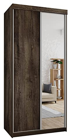 Kleiderschrank Toplo 100 II, Elegantes Schlafzimmerschrank, Spiegel, 100 x 200 x 62 cm, Dielenschrank, Garderobenschrank, Schwebetürenschrank (Esche Dunkel, ohne Beleuchtung.)