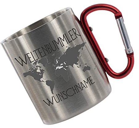 Crealuxe Edelstahltasse mit Karabiner - Weltenbummler Wunschname - 330ml, Tasse personalisiert, Kaffeetasse, Bürotasse, Metalltasse mit Name