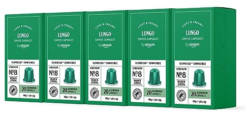 by Amazon Capsules de café Lungo compatibles avec Nespresso, en aluminium, torréfaction moyennement poussée, 100 Pièces, 5 lot de 20 - Certifié Rainforest Alliance
