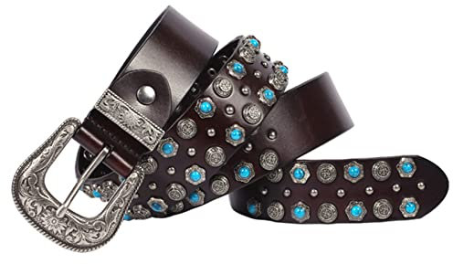 Men Western Belt Vintage Buckle Genuine Leather Strap Rivet Studded Cowboy Belt Casual Formal Fashion Accessory 1.5(38mm) Wide, for Dresses and Jeans, Goth Punk Belt,Coffee,120cm/waist:40~42