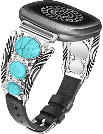 Minyee Lederband, kompatibel mit Fitbit Versa 4/Versa 3/Sense 2/Sense Band Damen, Westerntürkis, Boho, Vintage, Cowboy, Retro-Schmuck, verstellbar, schmal, Ersatzarmband für Versa 4/Sense