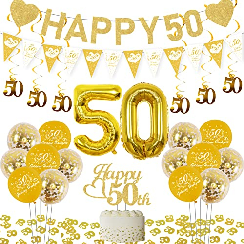 Goldene Hochzeit Deko, Konfetti Zahl 50 Gold, Goldene Hochzeit Ballon Banner, Wimpelkette Mit Weißen Goldfolien Wirbel Spiral Girlande Tortendeko 50 Goldene Hochzeit Deko